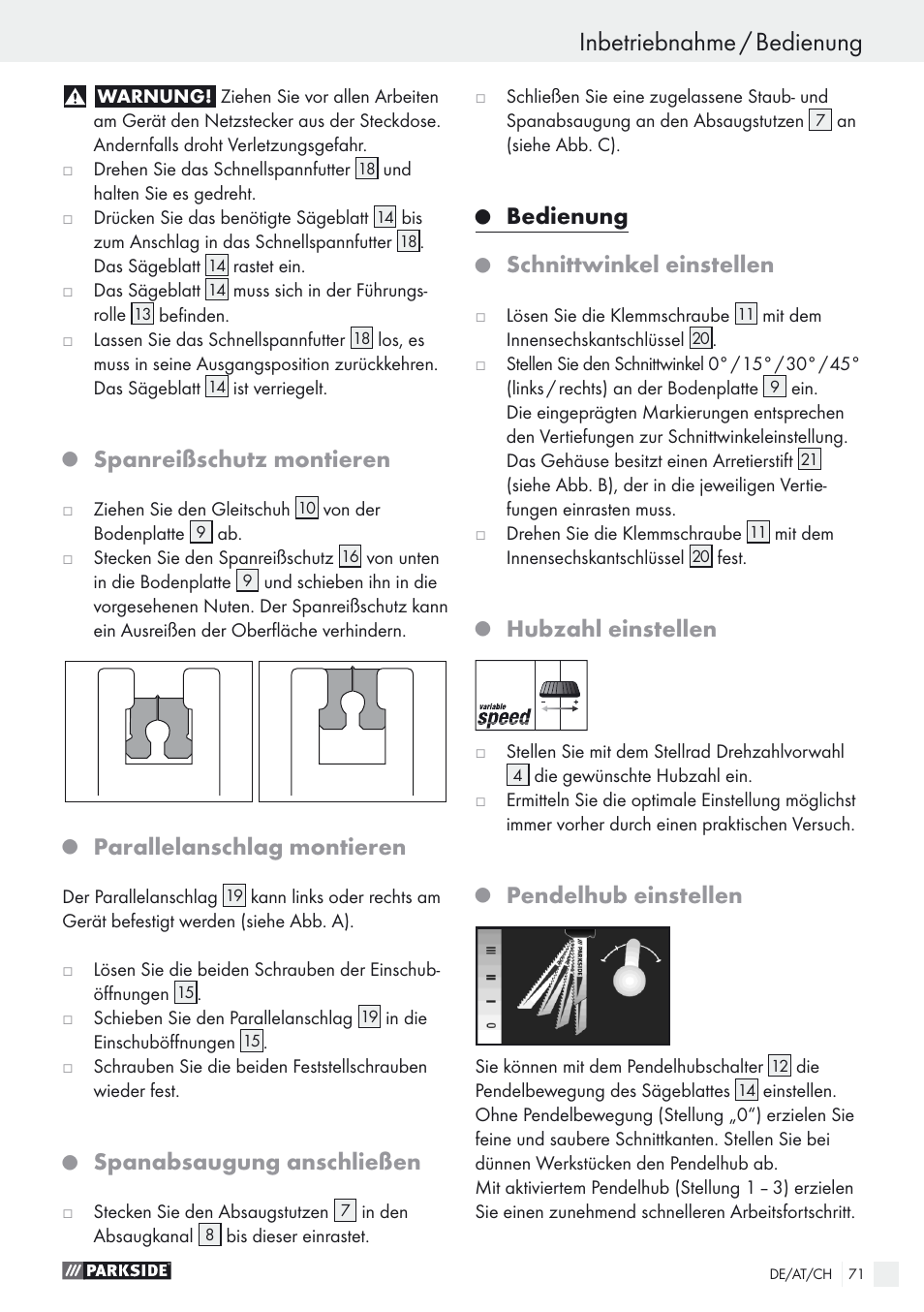 Inbetriebnahme / bedienung, Spanreißschutz montieren, Parallelanschlag montieren | Spanabsaugung anschließen, Bedienung, Schnittwinkel einstellen, Hubzahl einstellen, Pendelhub einstellen | Parkside PSTK 730 A1 User Manual | Page 71 / 76