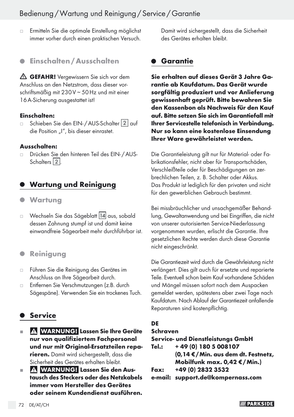 Einschalten / ausschalten, Wartung und reinigung, Wartung | Reinigung, Service, Garantie | Parkside PSTK 730 A1 User Manual | Page 72 / 76