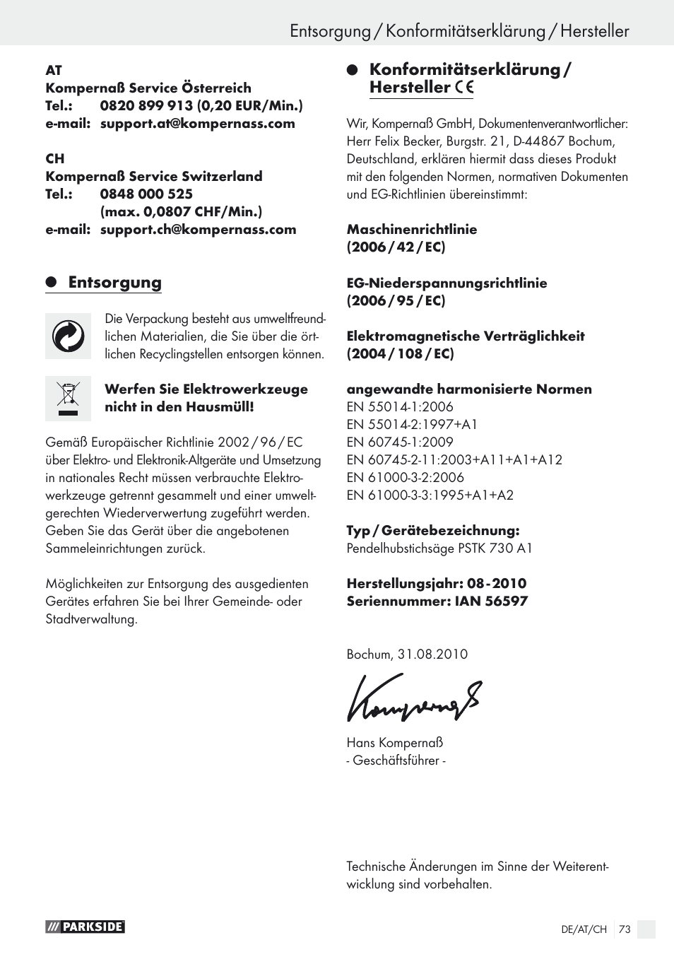 Entsorgung / konformitätserklärung / hersteller, Entsorgung, Konformitätserklärung / hersteller | Parkside PSTK 730 A1 User Manual | Page 73 / 76