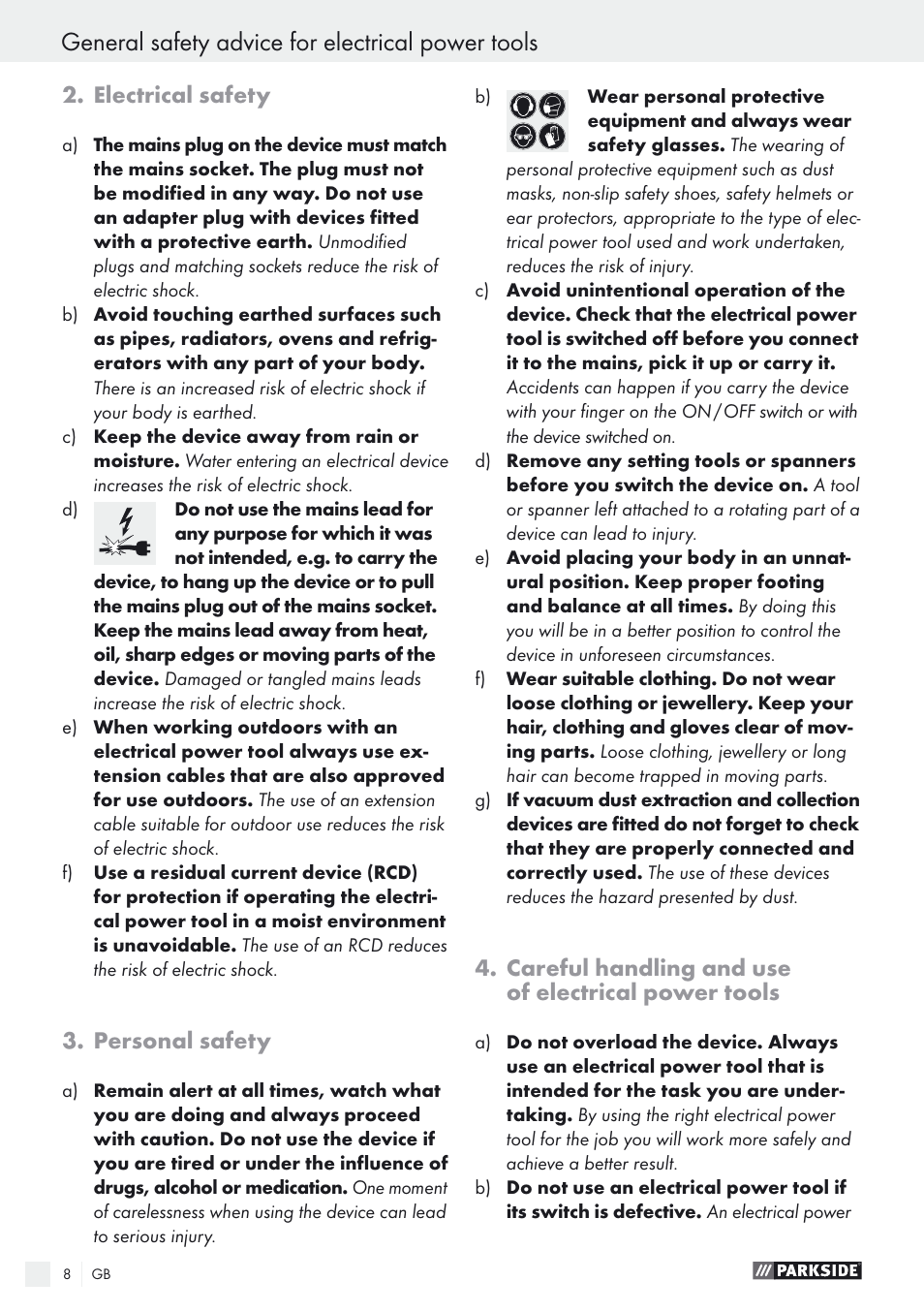 General safety advice for electrical power tools, Electrical safety, Personal safety | Careful handling and use of electrical power tools | Parkside PSTK 730 A1 User Manual | Page 8 / 76