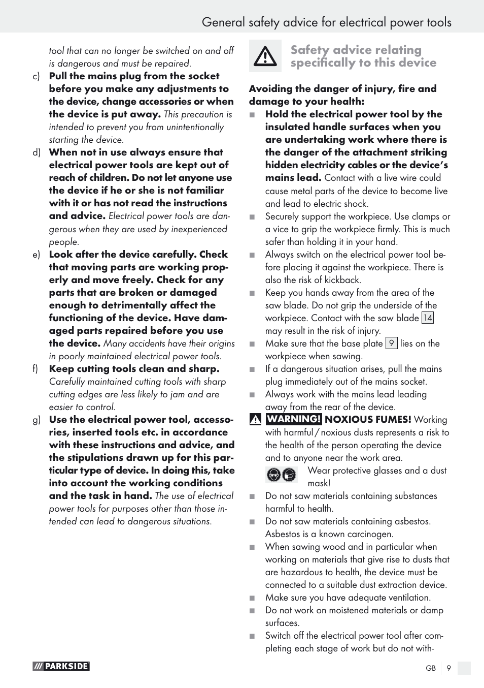 General safety advice for electrical power tools, Safety advice relating specifically to this device | Parkside PSTK 730 A1 User Manual | Page 9 / 76