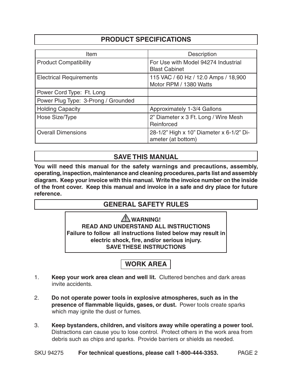 Harbor Freight Tools Model 94275 User Manual | Page 2 / 21