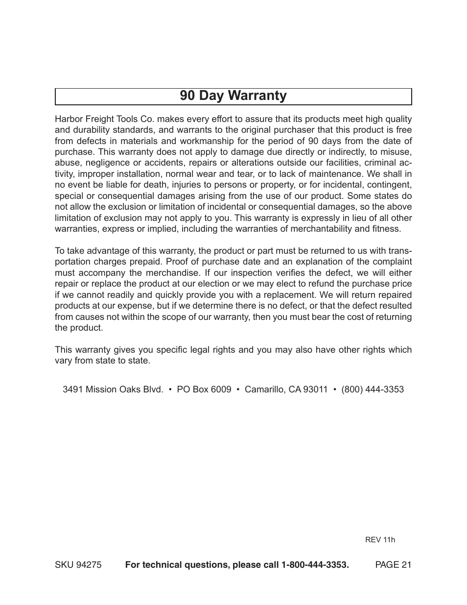 90 day warranty | Harbor Freight Tools Model 94275 User Manual | Page 21 / 21