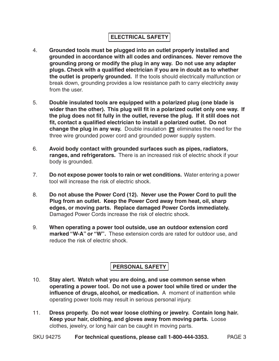 Harbor Freight Tools Model 94275 User Manual | Page 3 / 21