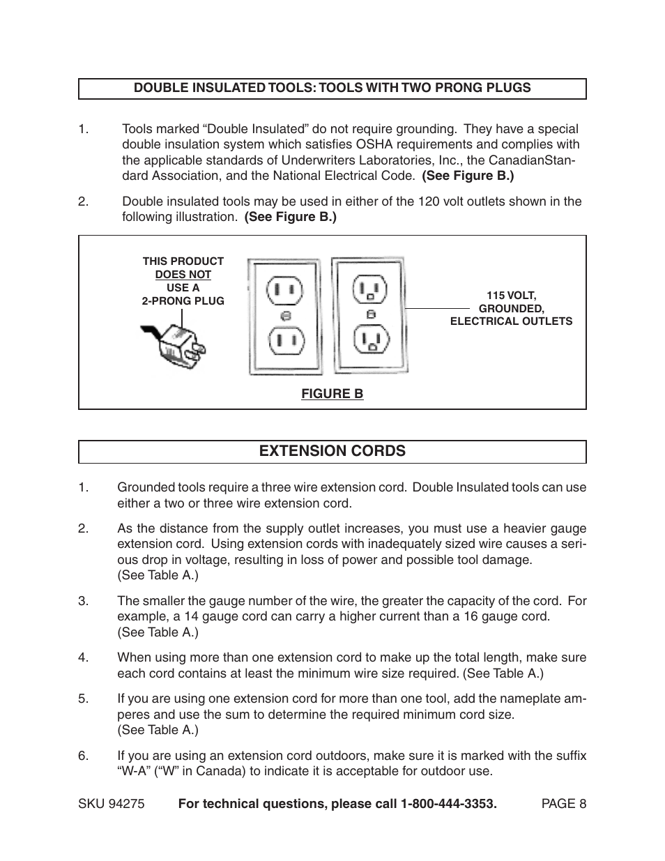 Extension cords | Harbor Freight Tools Model 94275 User Manual | Page 8 / 21