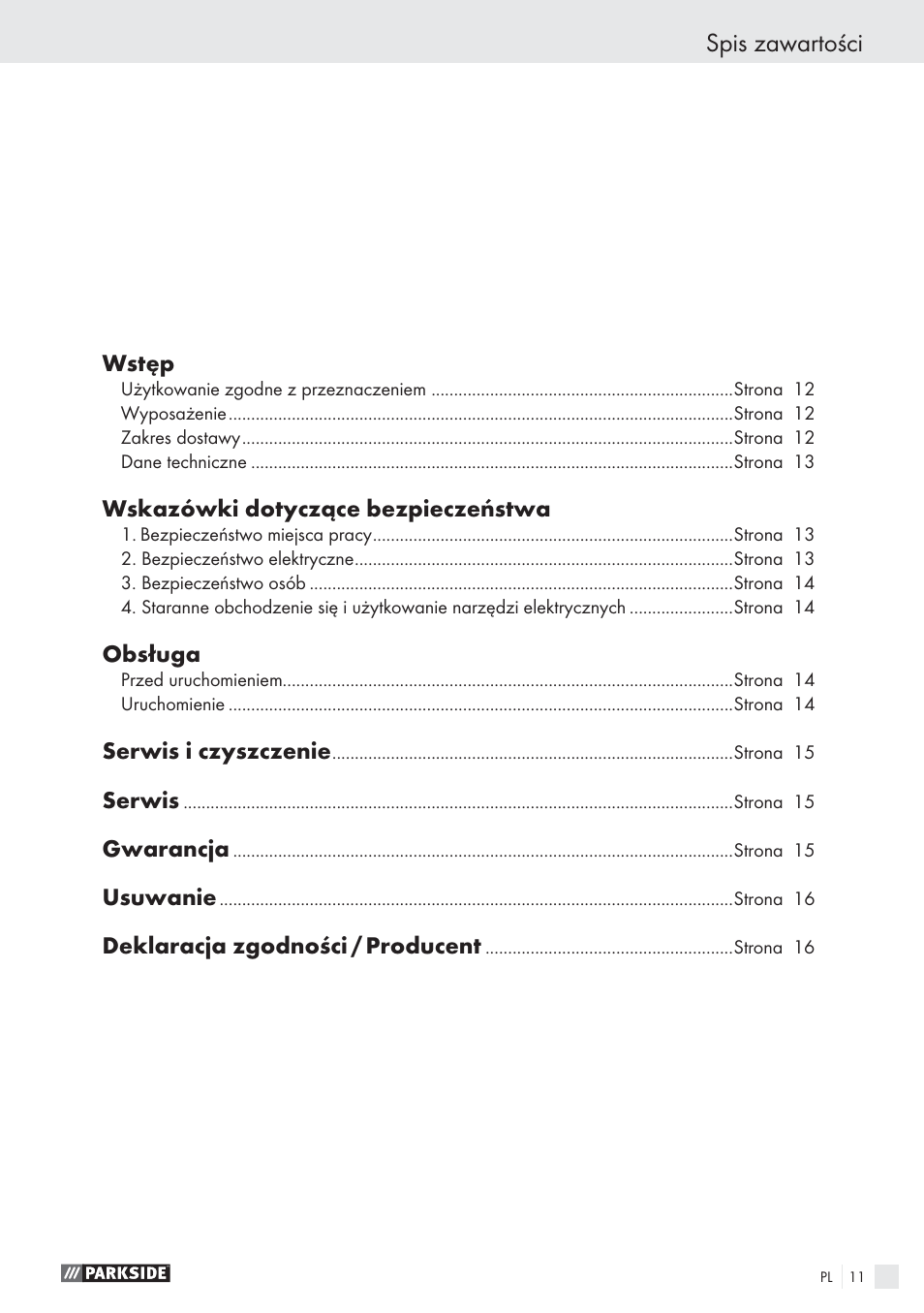 Spis zawartości, Wstęp, Wskazówki dotyczące bezpieczeństwa | Obsługa, Serwis i czyszczenie, Serwis, Gwarancja, Usuwanie, Deklaracja zgodności / producent | Parkside PHP 500 A1 User Manual | Page 10 / 46