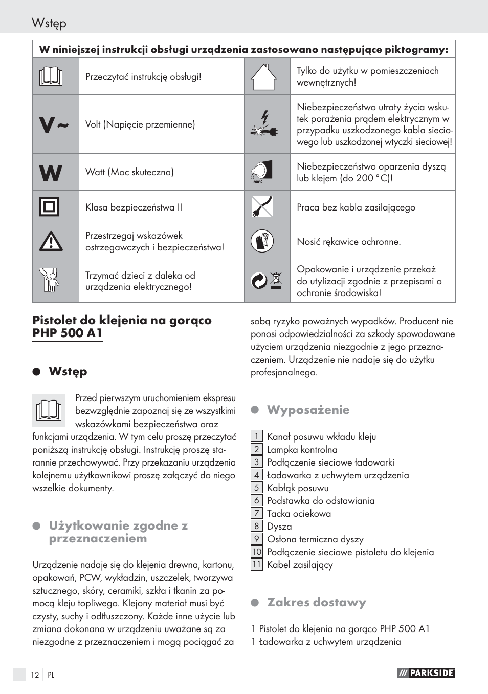 Wstęp, Użytkowanie zgodne z przeznaczeniem, Wyposażenie | Zakres dostawy | Parkside PHP 500 A1 User Manual | Page 11 / 46
