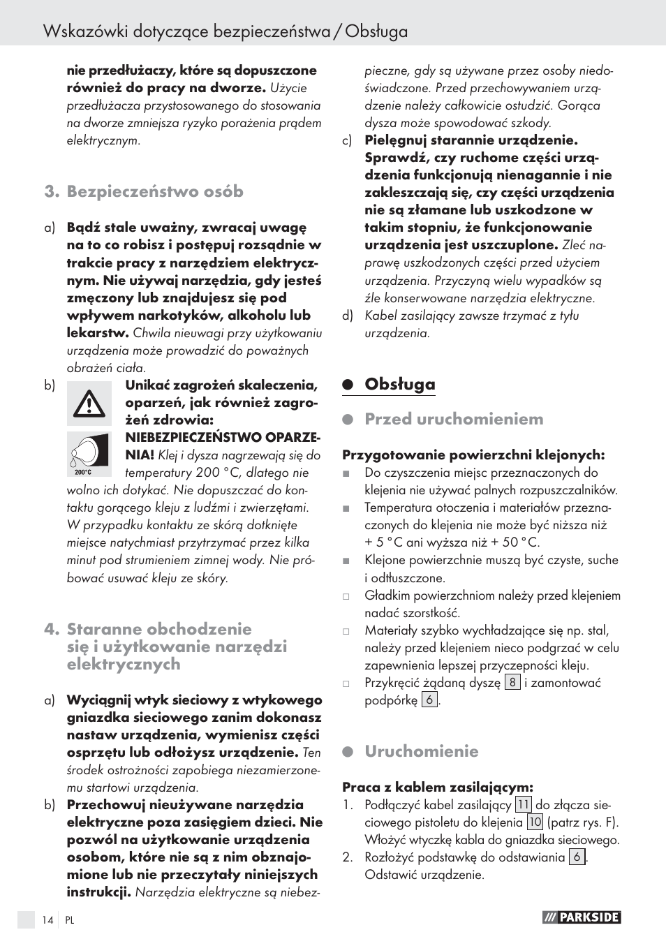 Wskazówki dotyczące bezpieczeństwa / obsługa, Bezpieczeństwo osób, Obsługa | Przed uruchomieniem, Uruchomienie | Parkside PHP 500 A1 User Manual | Page 13 / 46