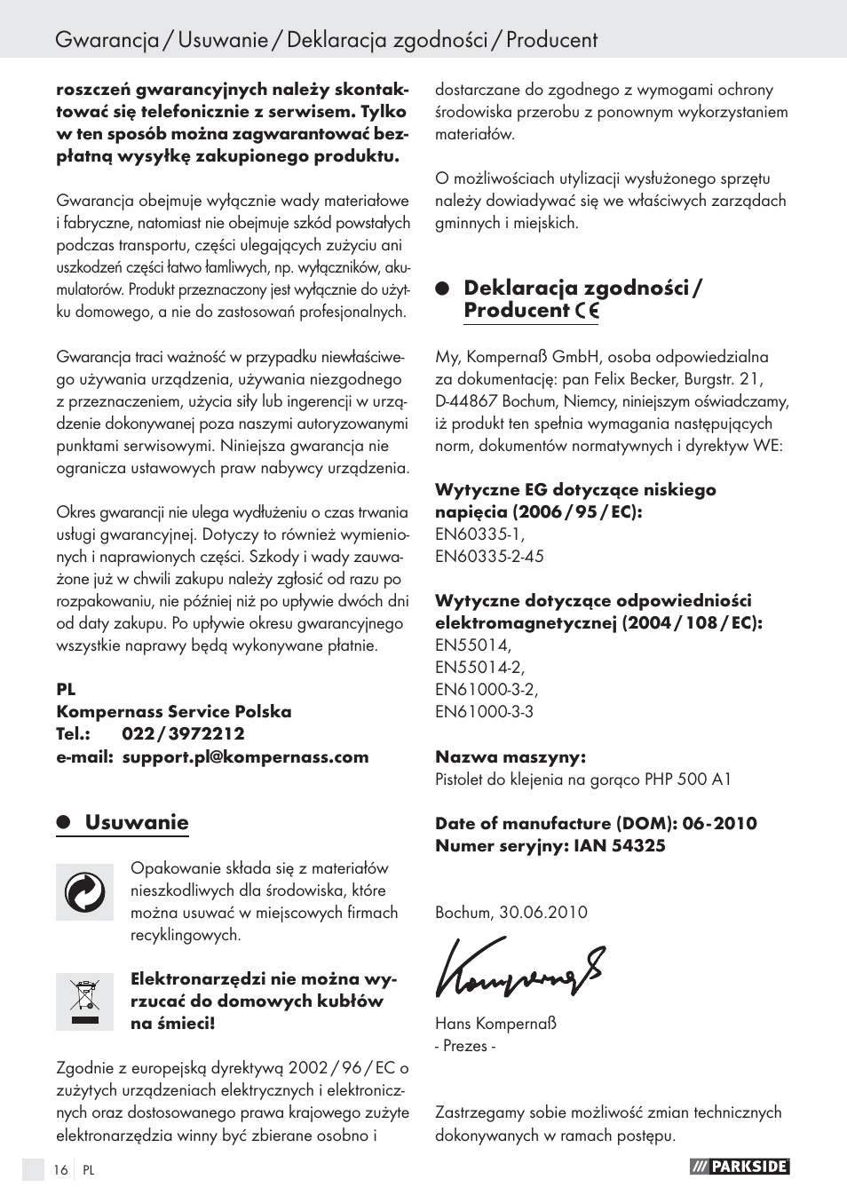 Usuwanie, Deklaracja zgodności / producent | Parkside PHP 500 A1 User Manual | Page 15 / 46