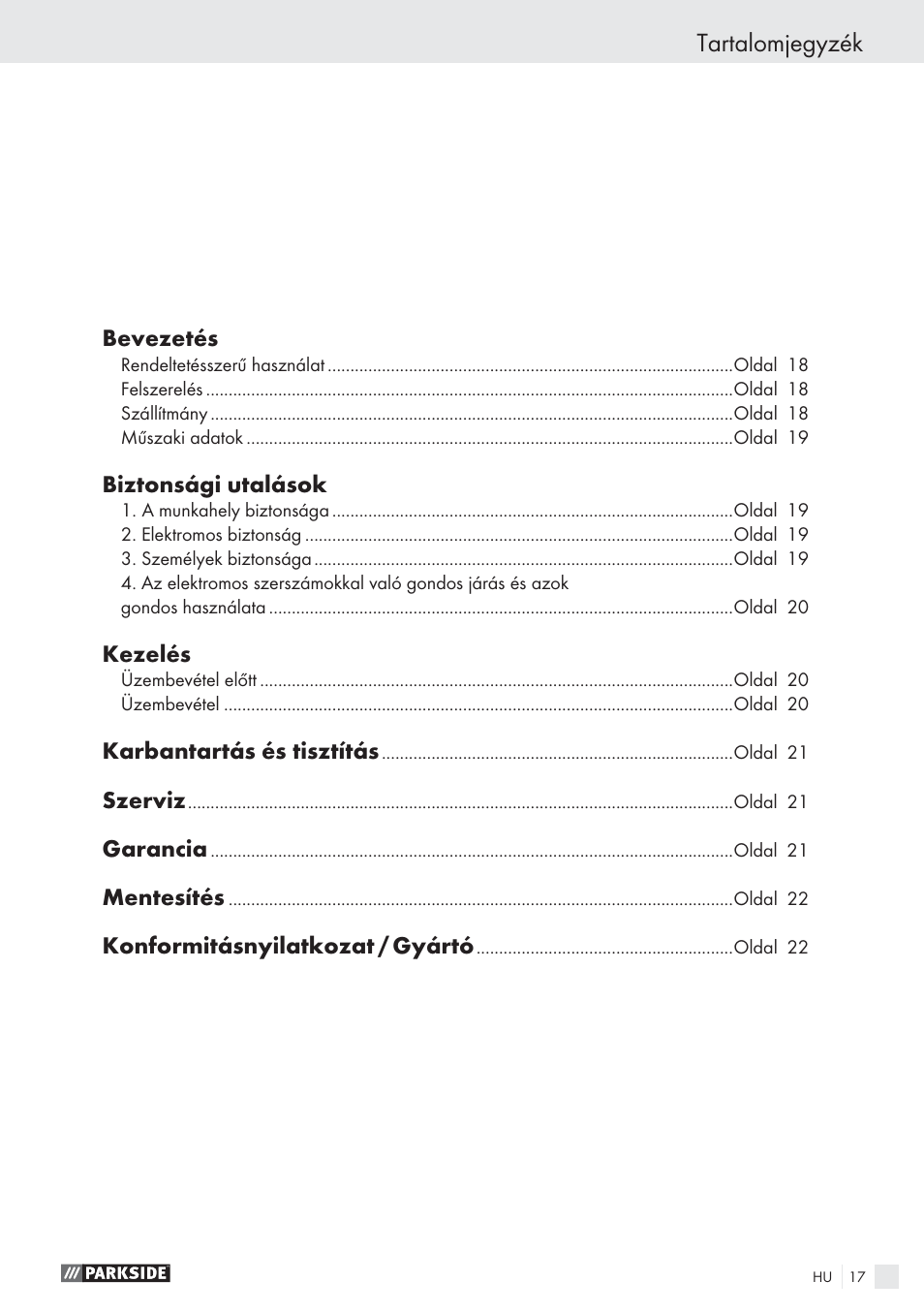Sicherheit / bedienung, Tartalomjegyzék | Parkside PHP 500 A1 User Manual | Page 16 / 46