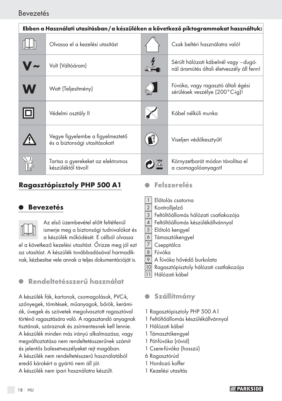 Bevezetés, Rendeltetésszerű használat, Felszerelés | Szállítmány | Parkside PHP 500 A1 User Manual | Page 17 / 46