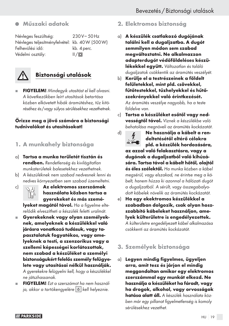 Bevezetés / biztonsági utalások, Műszaki adatok, Biztonsági utalások | A munkahely biztonsága, Elektromos biztonság, Személyek biztonsága | Parkside PHP 500 A1 User Manual | Page 18 / 46