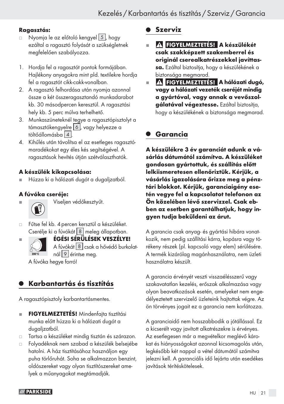 Karbantartás és tisztítás, Szerviz, Garancia | Parkside PHP 500 A1 User Manual | Page 20 / 46