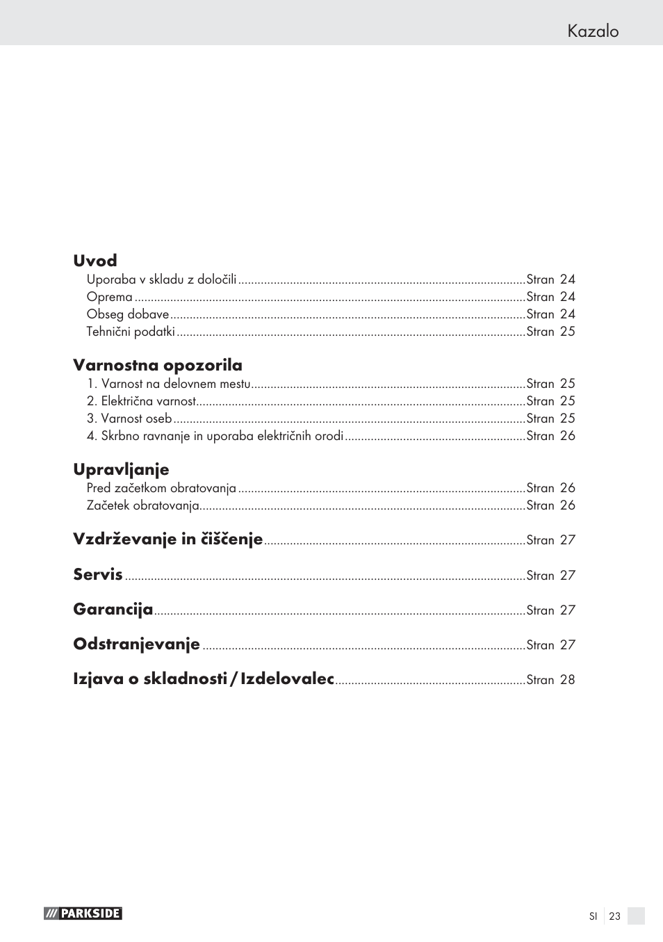 Kazalo | Parkside PHP 500 A1 User Manual | Page 22 / 46