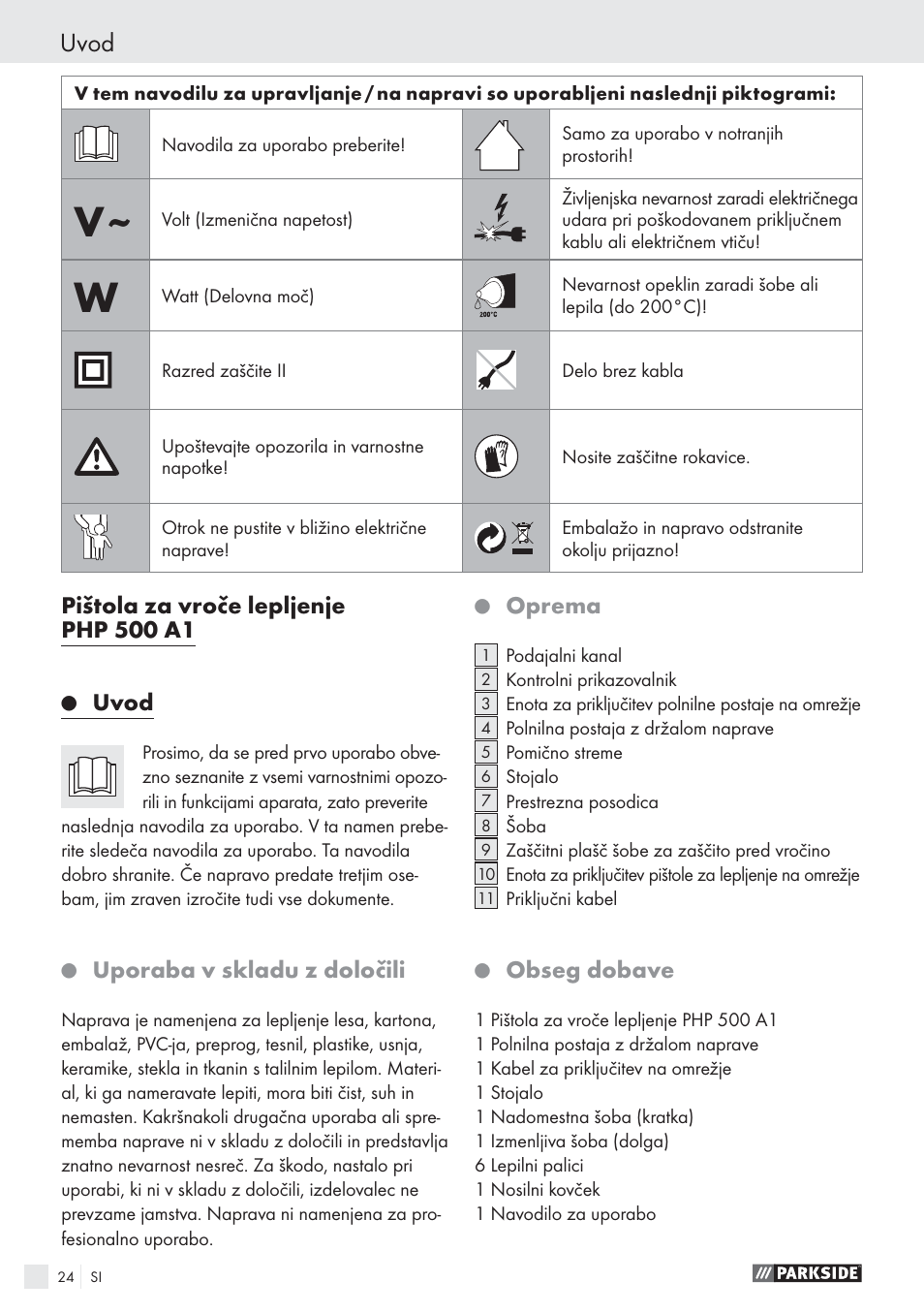 Uvod, Uporaba v skladu z določili, Oprema | Obseg dobave | Parkside PHP 500 A1 User Manual | Page 23 / 46