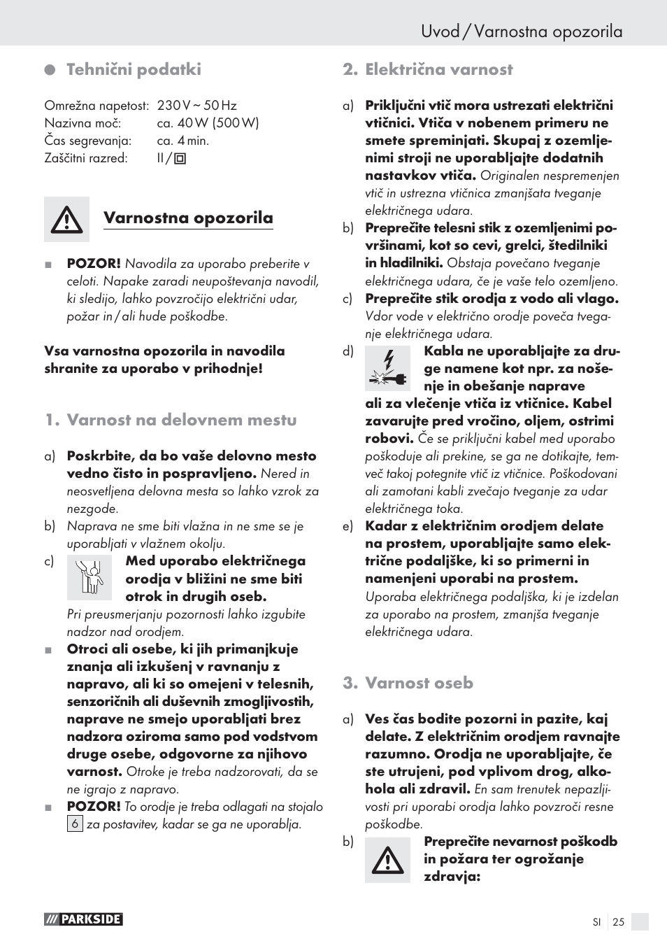 Uvod / varnostna opozorila, Tehnični podatki, Varnostna opozorila | Varnost na delovnem mestu, Električna varnost, Varnost oseb | Parkside PHP 500 A1 User Manual | Page 24 / 46