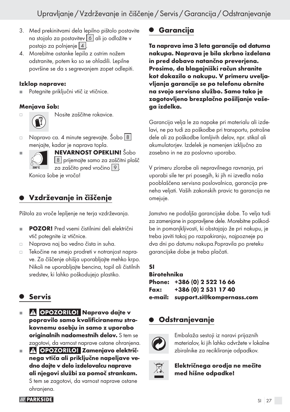 Vzdrževanje in čiščenje, Servis, Garancija | Odstranjevanje | Parkside PHP 500 A1 User Manual | Page 26 / 46