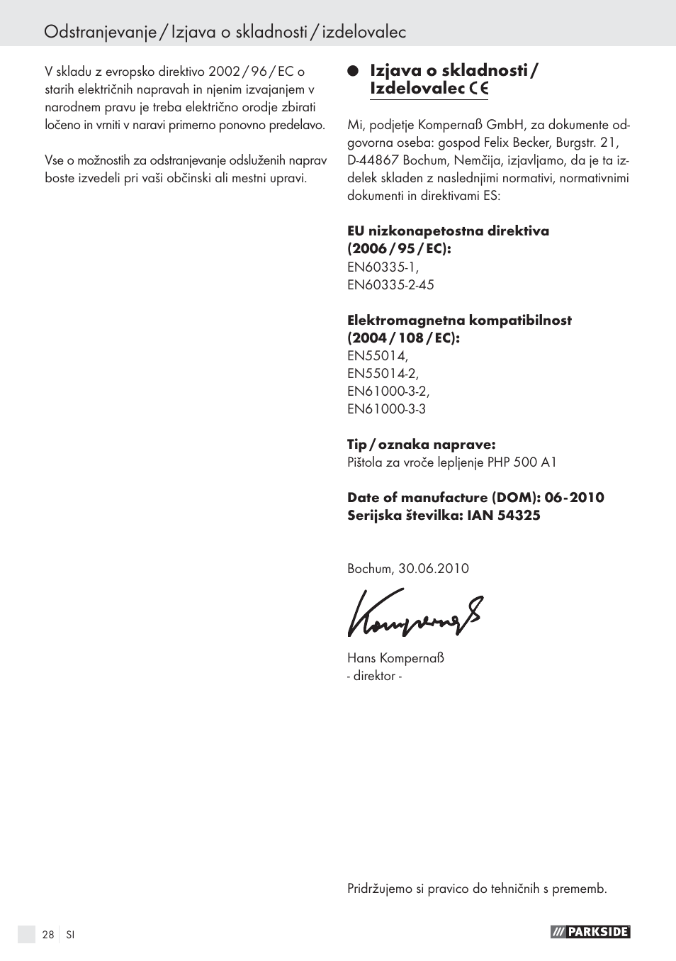 Odstranjevanje / izjava o skladnosti / izdelovalec, Izjava o skladnosti / izdelovalec | Parkside PHP 500 A1 User Manual | Page 27 / 46