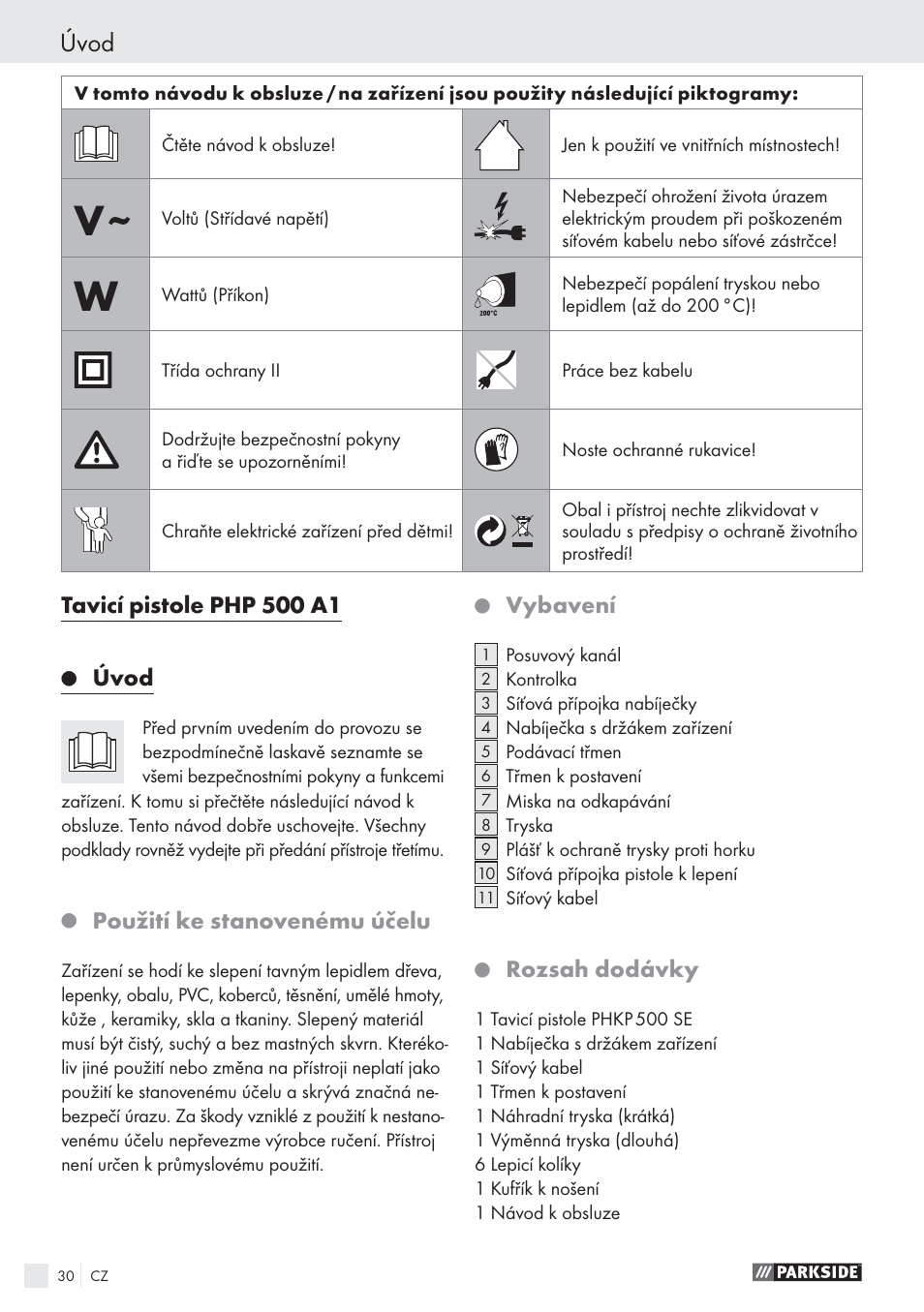 Úvod, Použití ke stanovenému účelu, Vybavení | Rozsah dodávky | Parkside PHP 500 A1 User Manual | Page 29 / 46