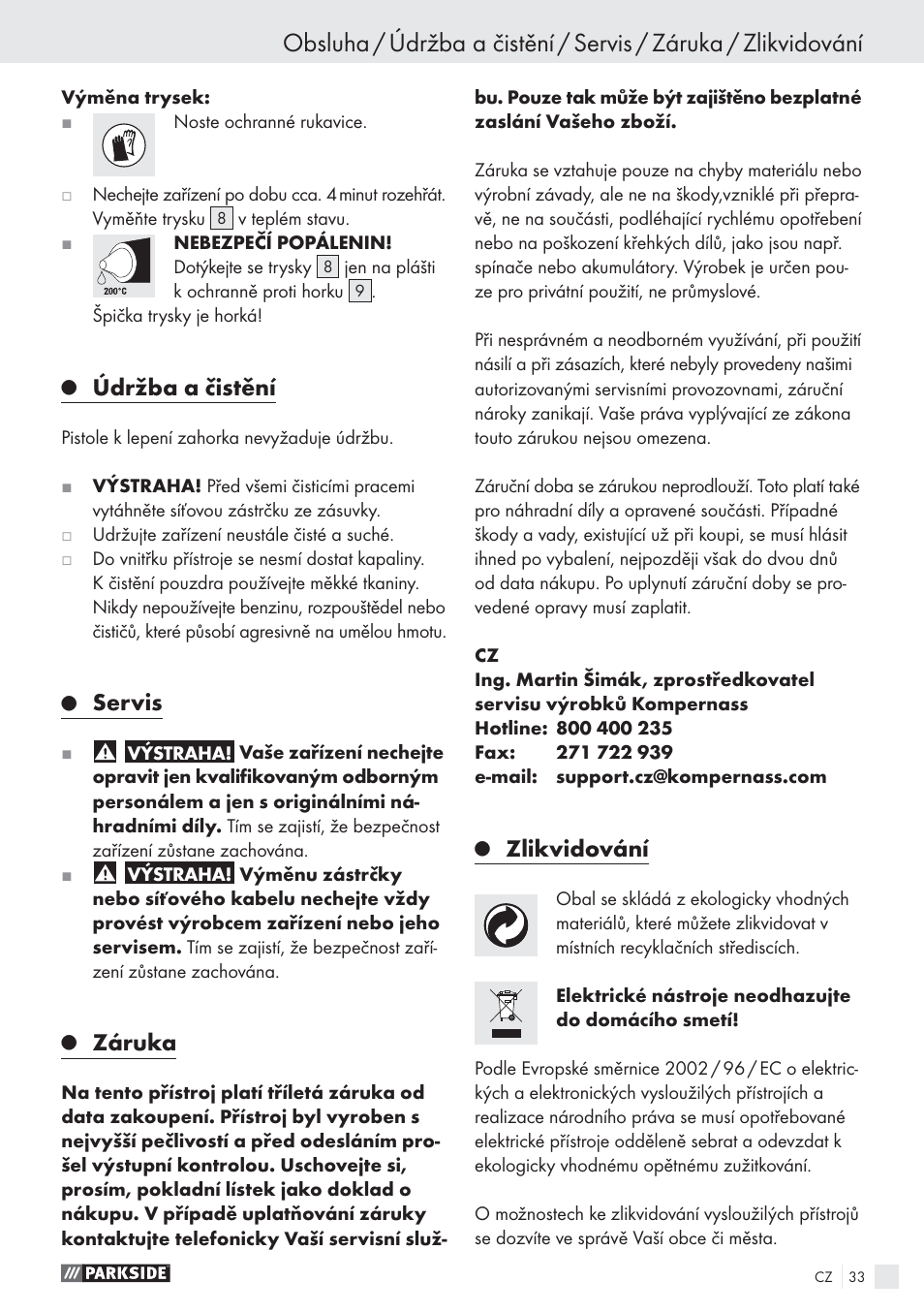 Údržba a čistění, Servis, Záruka | Zlikvidování | Parkside PHP 500 A1 User Manual | Page 32 / 46