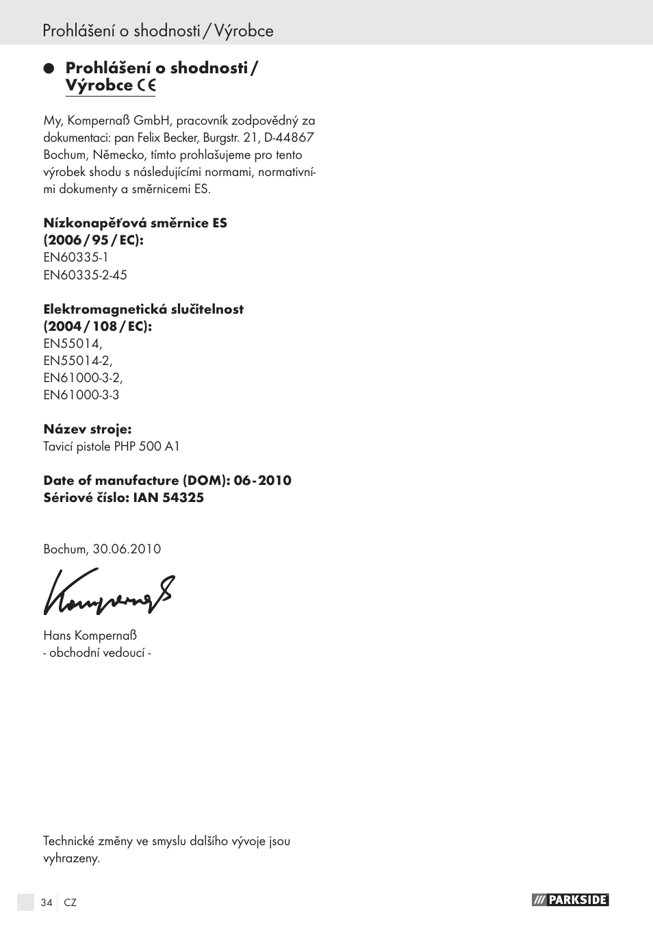 Prohlášení o shodnosti / výrobce | Parkside PHP 500 A1 User Manual | Page 33 / 46