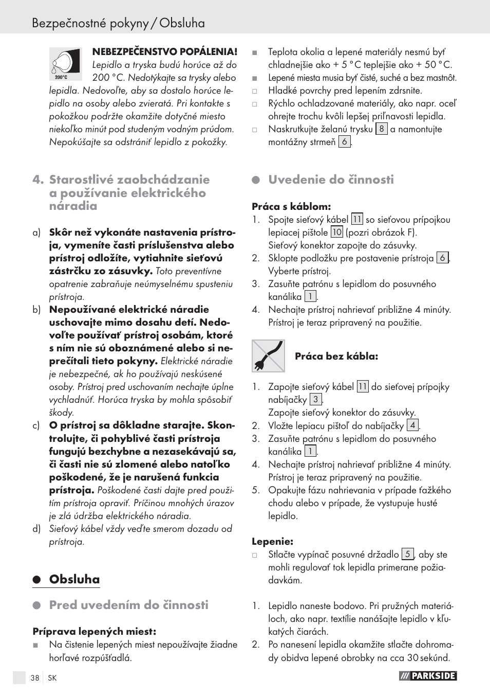 Bezpečnostné pokyny / obsluha, Obsluha, Pred uvedením do činnosti | Uvedenie do činnosti | Parkside PHP 500 A1 User Manual | Page 37 / 46
