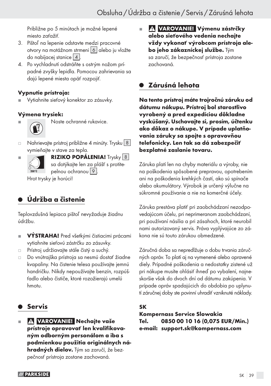 Údržba a čistenie, Servis, Záruśná lehota | Parkside PHP 500 A1 User Manual | Page 38 / 46