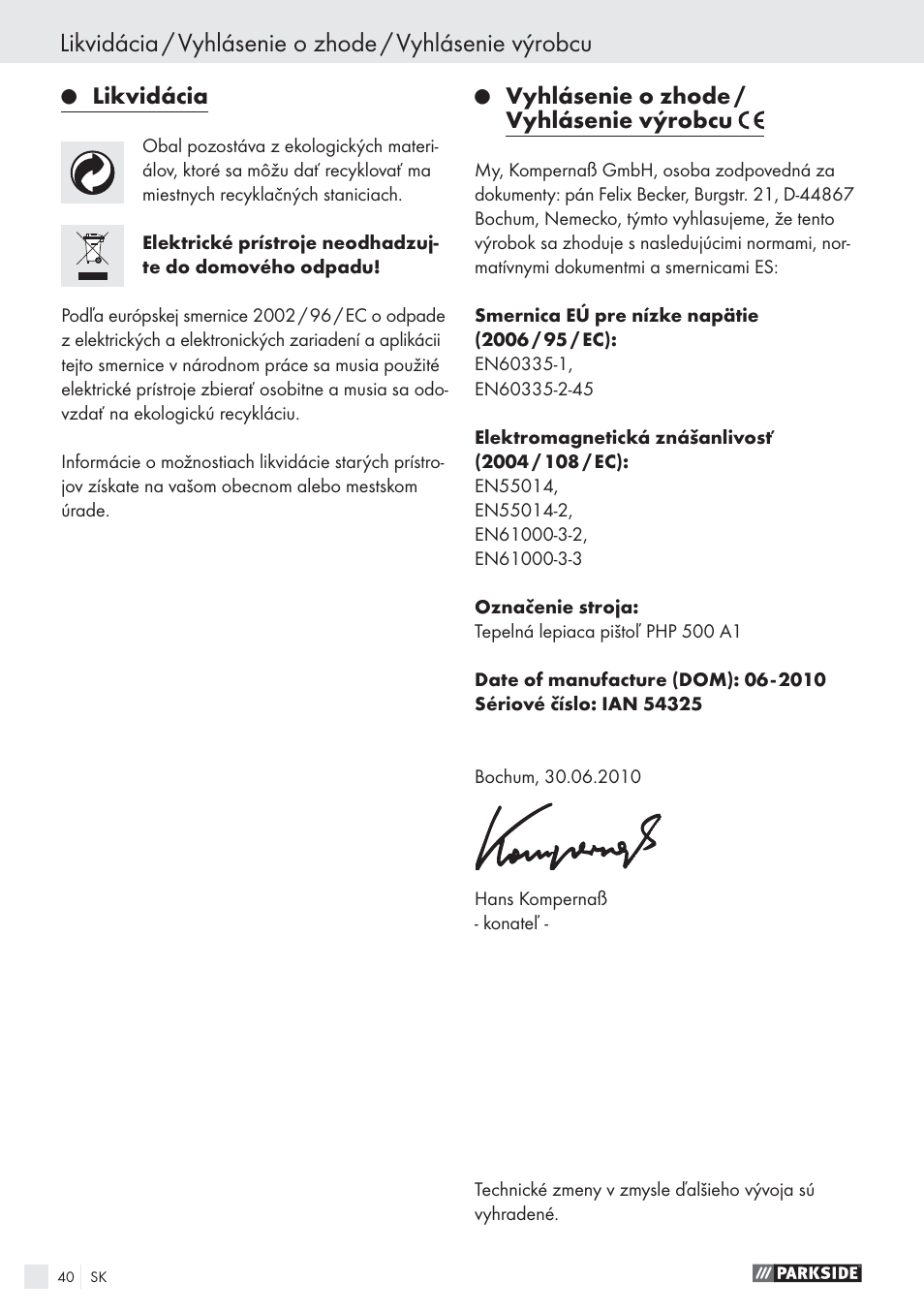 Likvidácia, Vyhlásenie o zhode / vyhlásenie výrobcu | Parkside PHP 500 A1 User Manual | Page 39 / 46