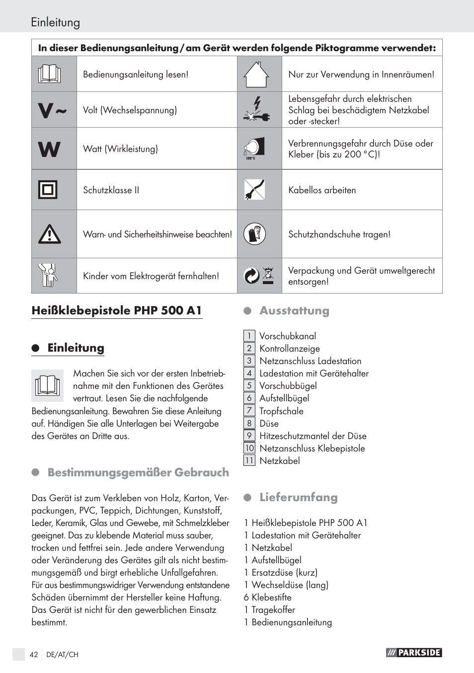 Einleitung, Bestimmungsgemäßer gebrauch, Ausstattung | Lieferumfang | Parkside PHP 500 A1 User Manual | Page 41 / 46