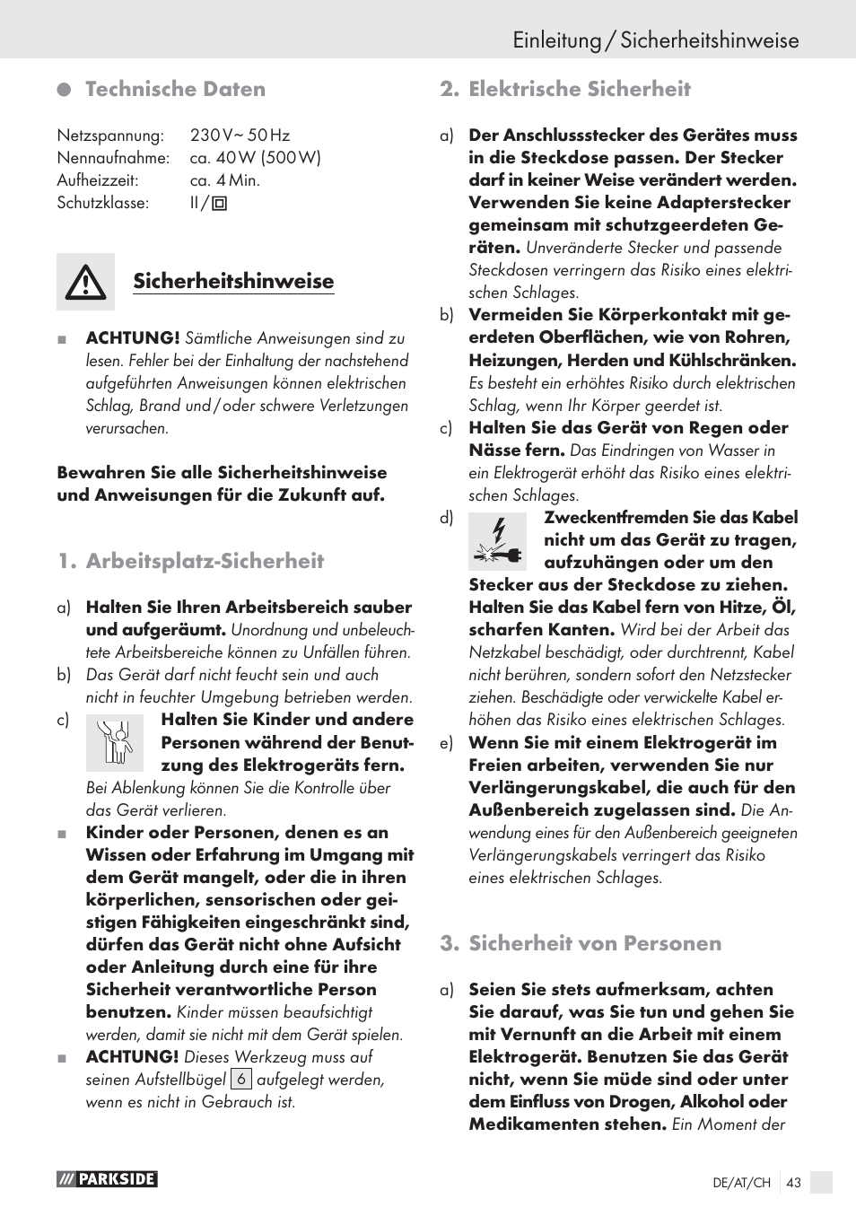 Einleitung / sicherheitshinweise, Technische daten, Sicherheitshinweise | Arbeitsplatz-sicherheit, Elektrische sicherheit, Sicherheit von personen | Parkside PHP 500 A1 User Manual | Page 42 / 46