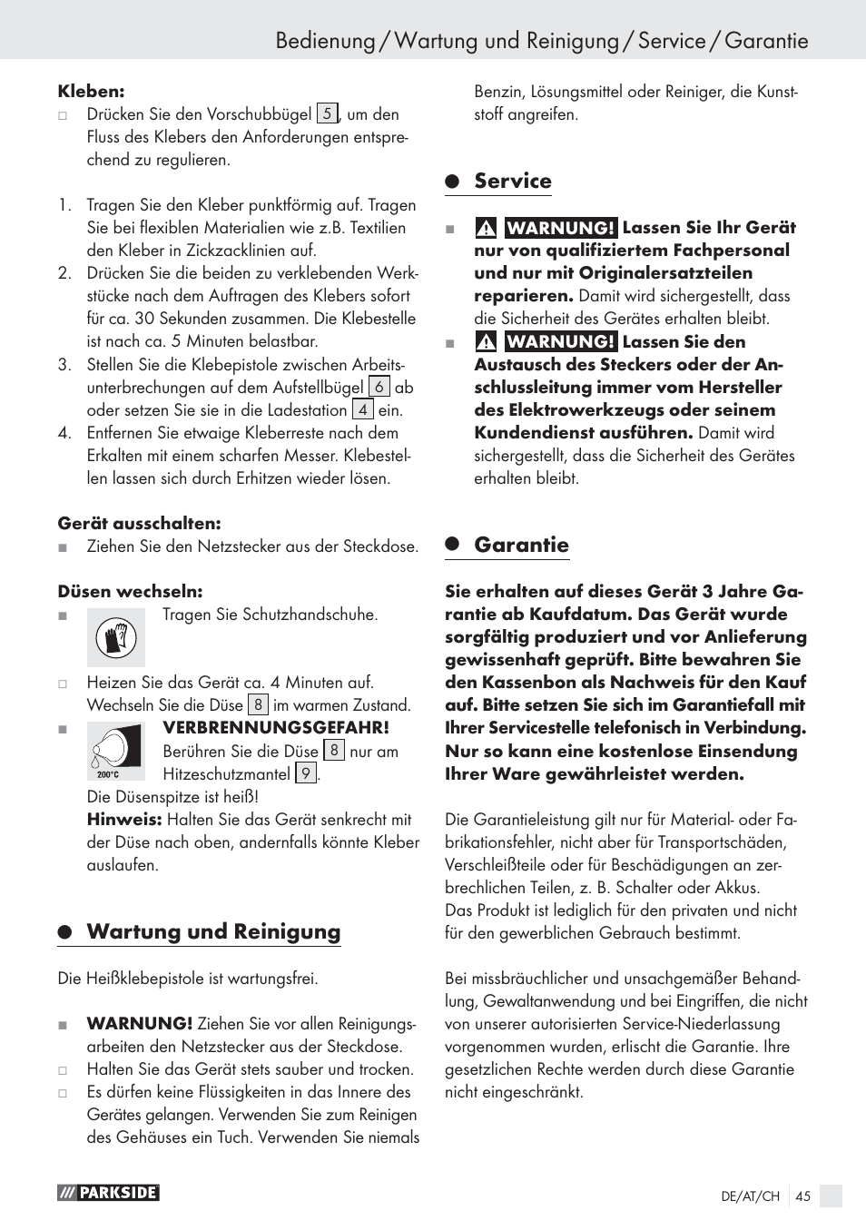 Wartung und reinigung, Service, Garantie | Parkside PHP 500 A1 User Manual | Page 44 / 46