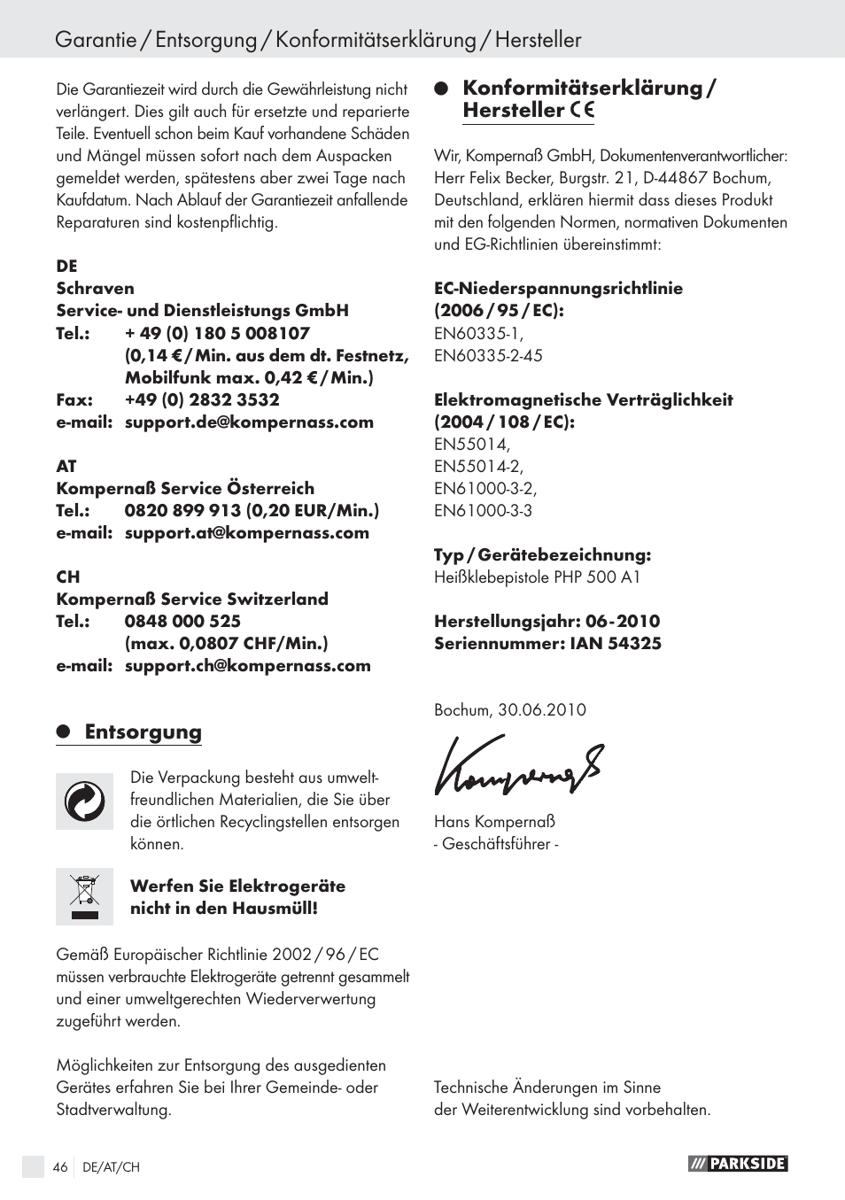 Entsorgung, Konformitätserklärung / hersteller | Parkside PHP 500 A1 User Manual | Page 45 / 46