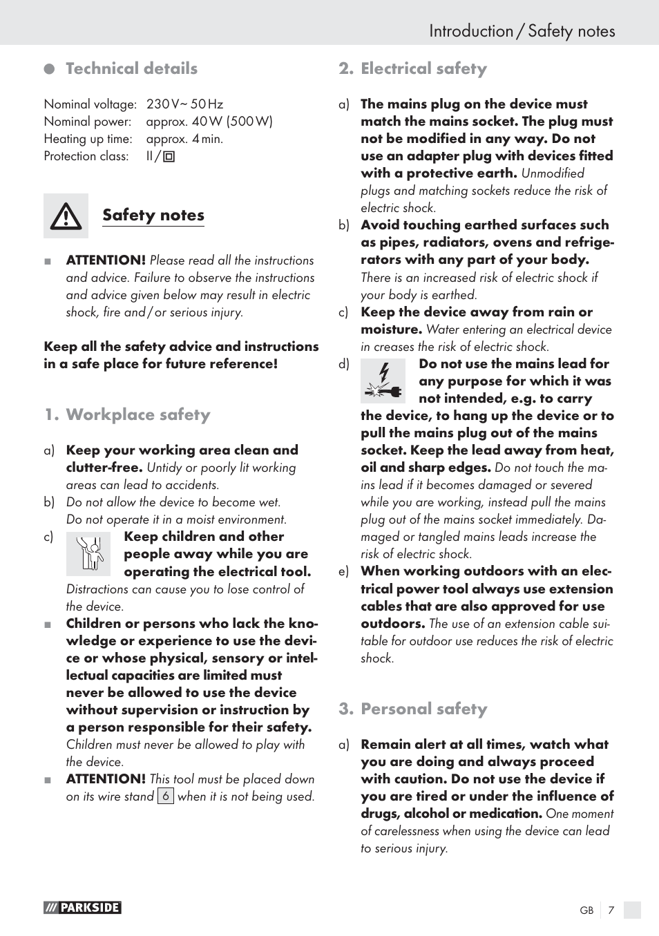 Technical details, Workplace safety, Electrical safety | Personal safety | Parkside PHP 500 A1 User Manual | Page 6 / 46