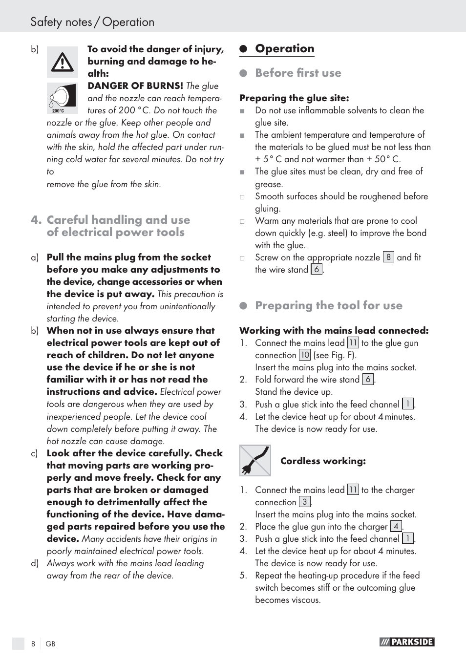 Careful handling and use of electrical power tools, Operation, Before ﬁrst use | Preparing the tool for use | Parkside PHP 500 A1 User Manual | Page 7 / 46