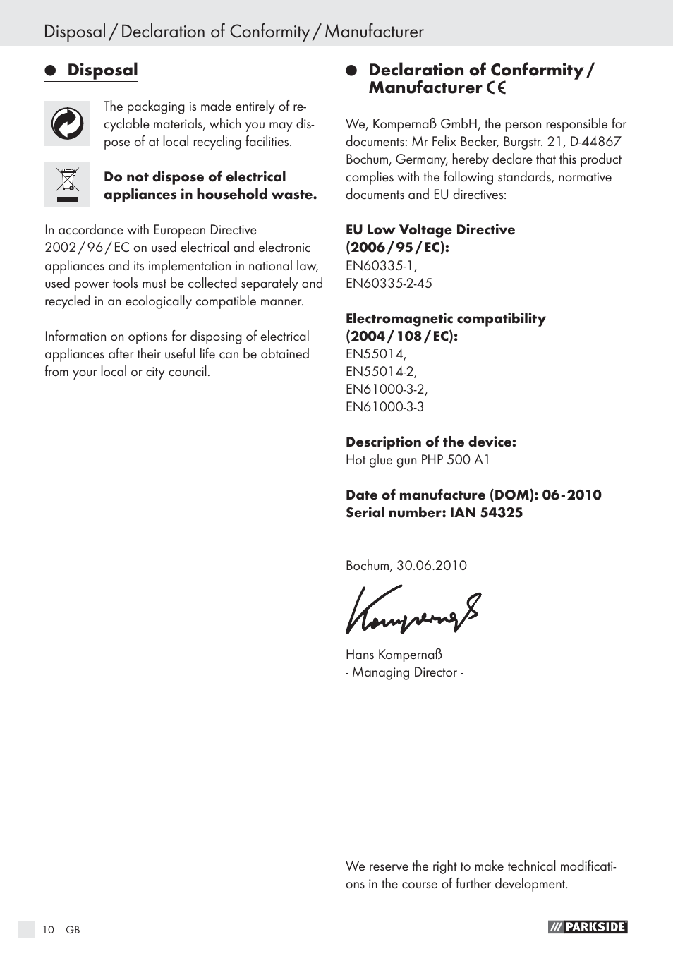 Disposal, Declaration of conformity / manufacturer | Parkside PHP 500 A1 User Manual | Page 9 / 46