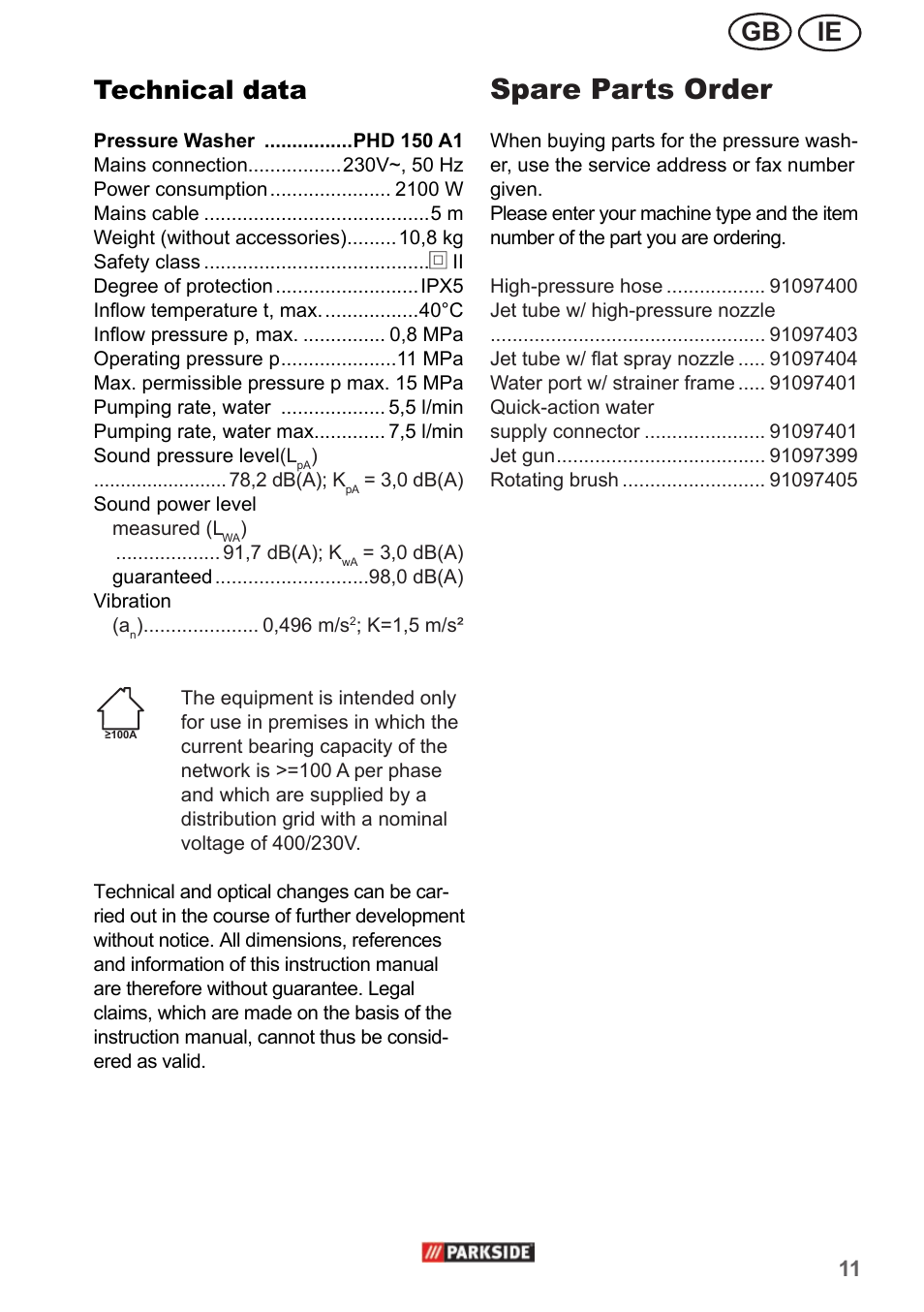 Spare parts order, Ie gb technical data | Parkside PHD 150 A1 User Manual | Page 11 / 18