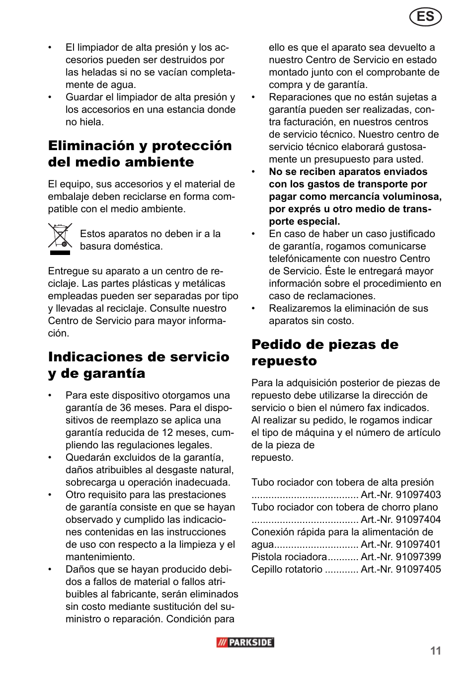 Eliminación y protección del medio ambiente, Indicaciones de servicio y de garantía, Pedido de piezas de repuesto | Parkside PHD 150 A1 User Manual | Page 11 / 58