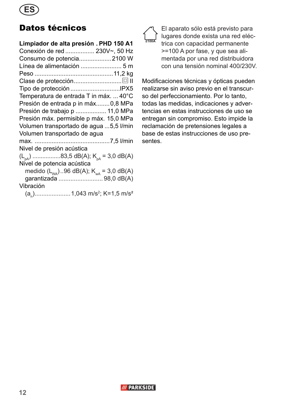 Es datos técnicos | Parkside PHD 150 A1 User Manual | Page 12 / 58