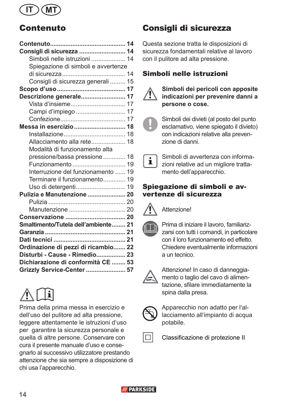 Mt it consigli di sicurezza, Contenuto | Parkside PHD 150 A1 User Manual | Page 14 / 58