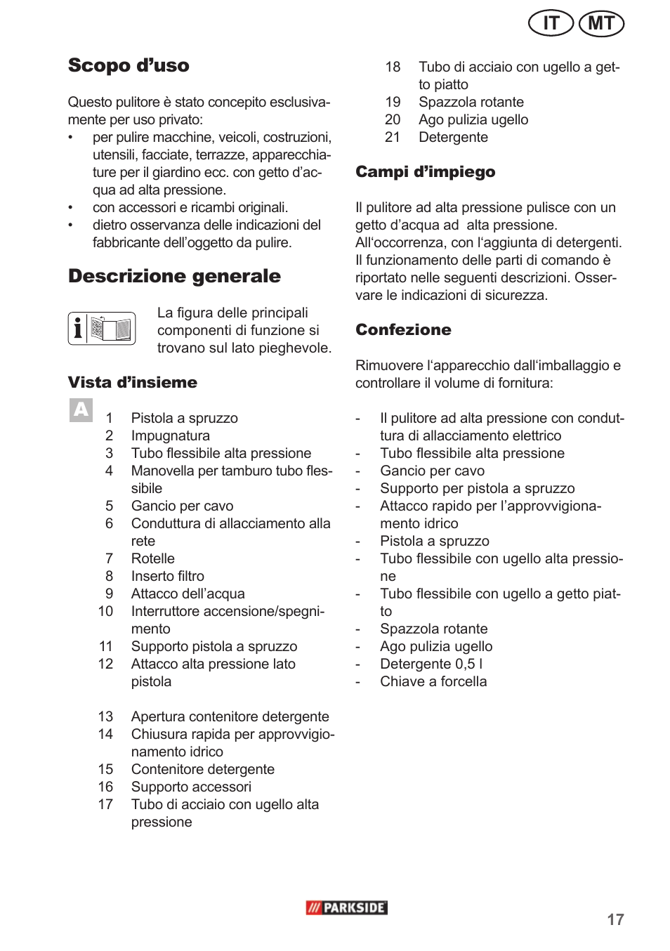 Mt it scopo d’uso, Descrizione generale | Parkside PHD 150 A1 User Manual | Page 17 / 58