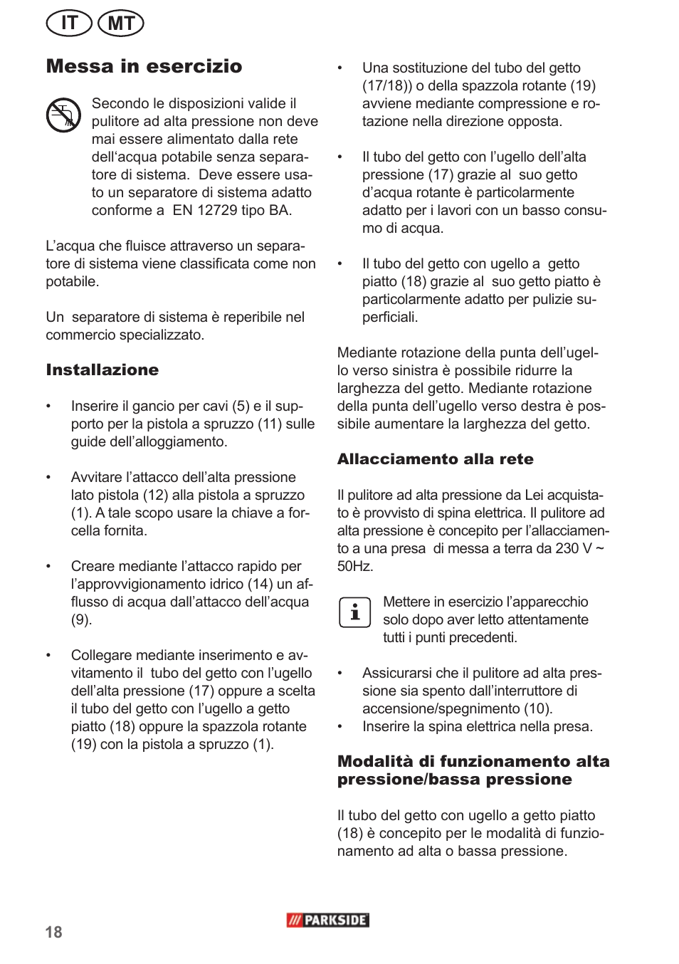 Mt it, Messa in esercizio | Parkside PHD 150 A1 User Manual | Page 18 / 58