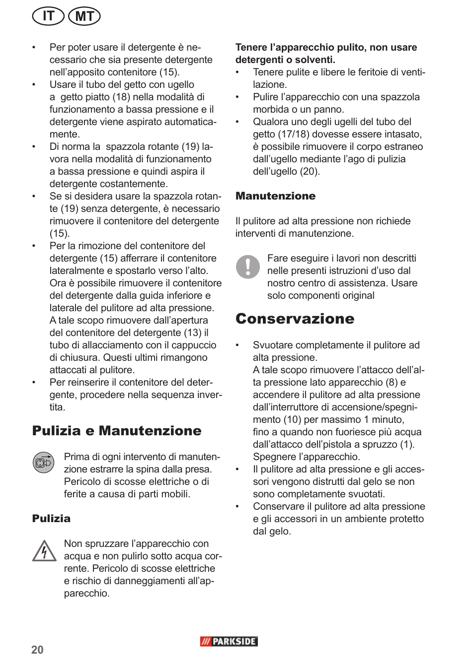 Conservazione, Mt it, Pulizia e manutenzione | Parkside PHD 150 A1 User Manual | Page 20 / 58