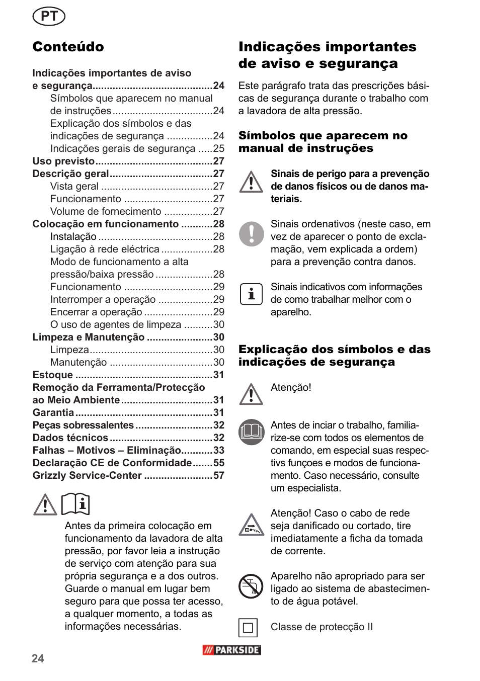 Pt indicações importantes de aviso e segurança, Conteúdo | Parkside PHD 150 A1 User Manual | Page 24 / 58