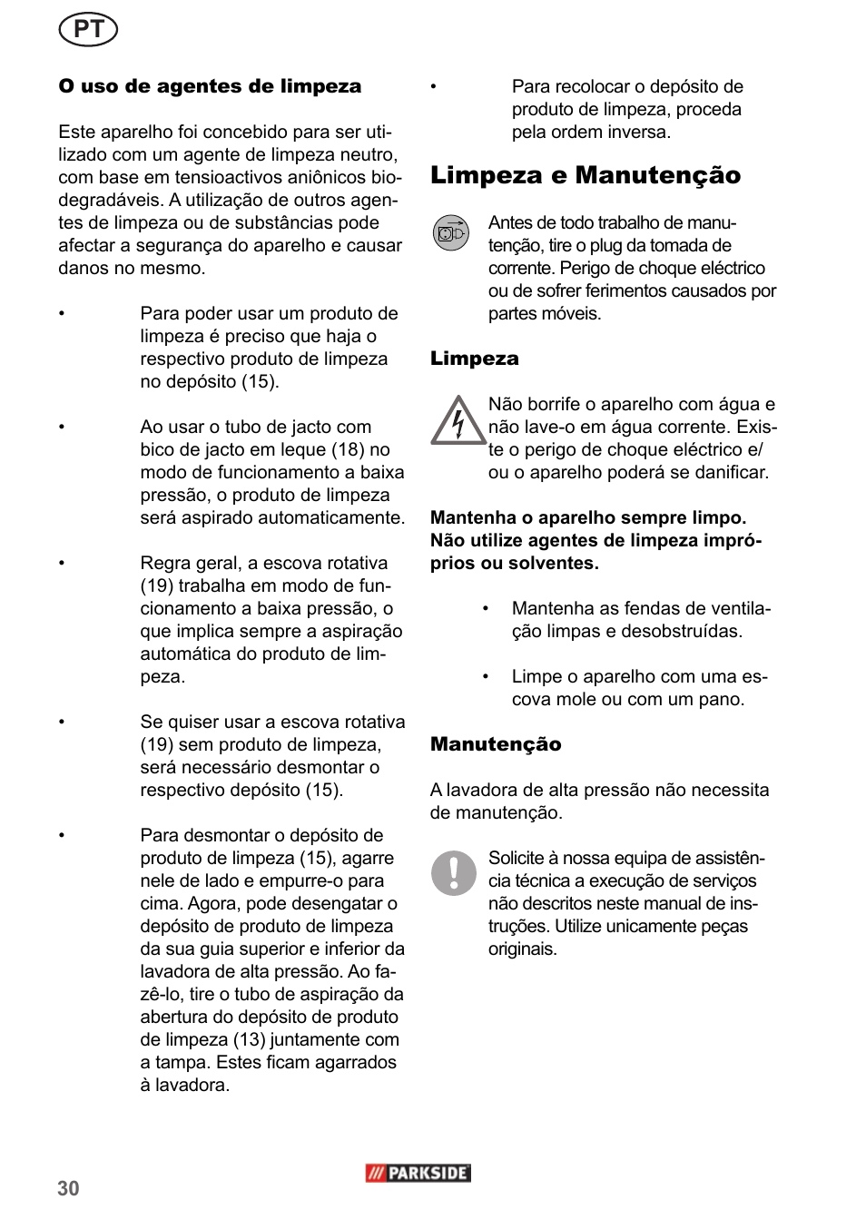 Limpeza e manutenção | Parkside PHD 150 A1 User Manual | Page 30 / 58