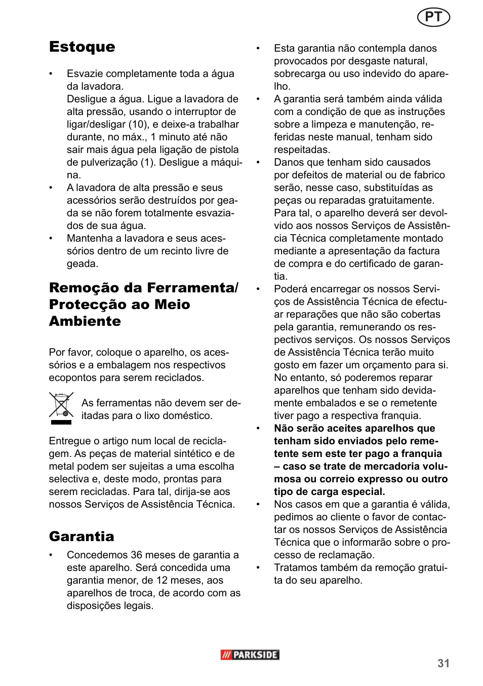 Estoque, Remoção da ferramenta/ protecção ao meio ambiente, Garantia | Parkside PHD 150 A1 User Manual | Page 31 / 58
