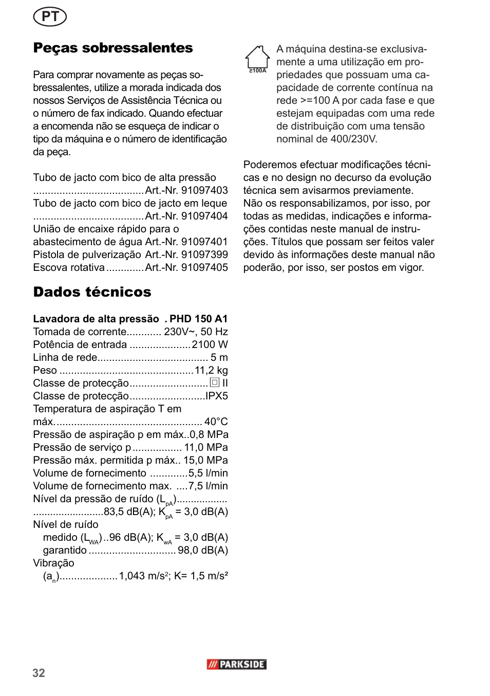 Pt peças sobressalentes, Dados técnicos | Parkside PHD 150 A1 User Manual | Page 32 / 58