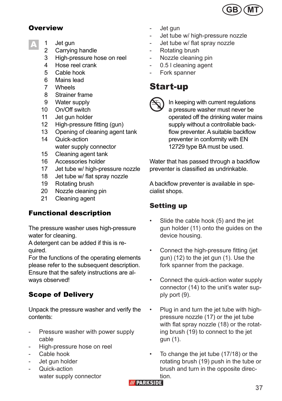 Start-up, Mt gb | Parkside PHD 150 A1 User Manual | Page 37 / 58