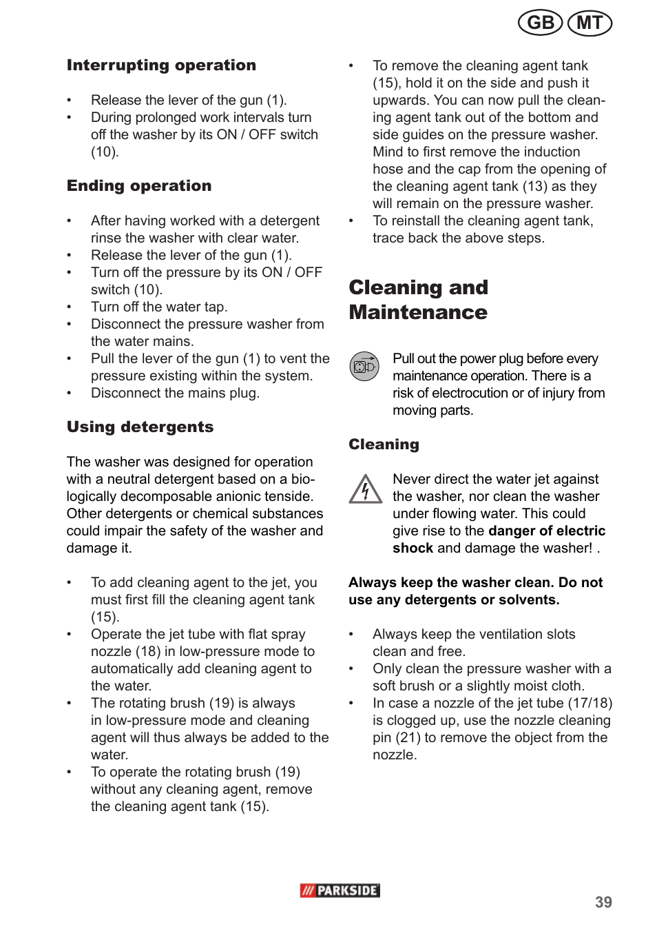 Cleaning and maintenance, Mt gb | Parkside PHD 150 A1 User Manual | Page 39 / 58