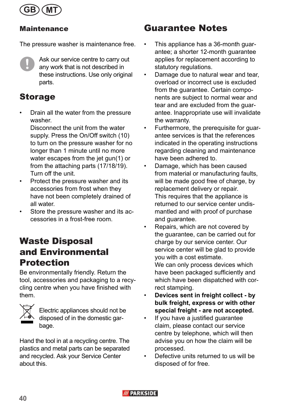 Waste disposal and environmental protection, Mt gb, Storage | Parkside PHD 150 A1 User Manual | Page 40 / 58