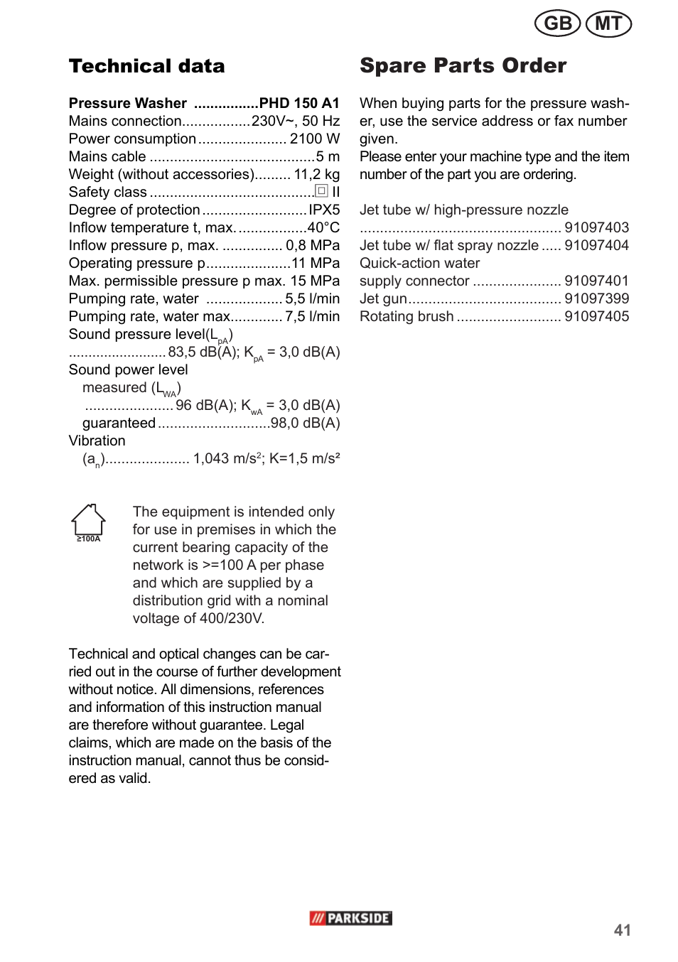 Spare parts order, Mt gb technical data | Parkside PHD 150 A1 User Manual | Page 41 / 58